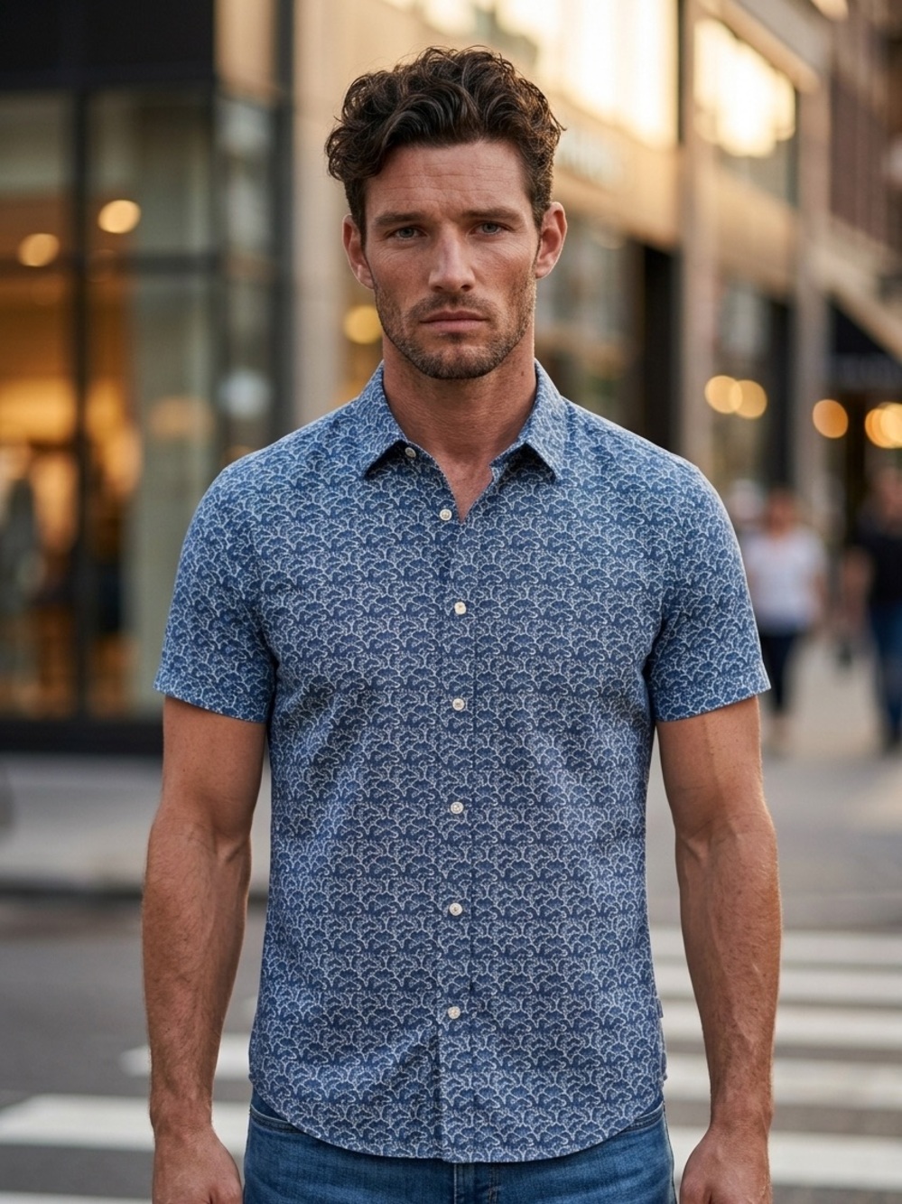 Stylish Navy Patterned Casual Shirt